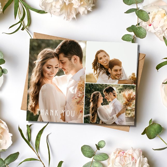 Boho Wedding 3 Photo Collage Thank You Postcard (Boho Wedding 3 Photo Collage Thank You Postcard)