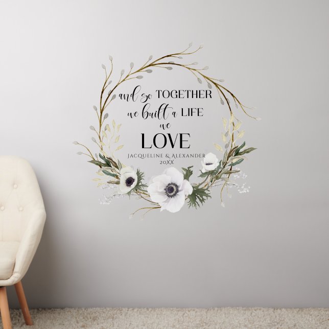 BOHO Wedding Anemone Floral Wreath Personalized Wall Decal (Living Room 2)