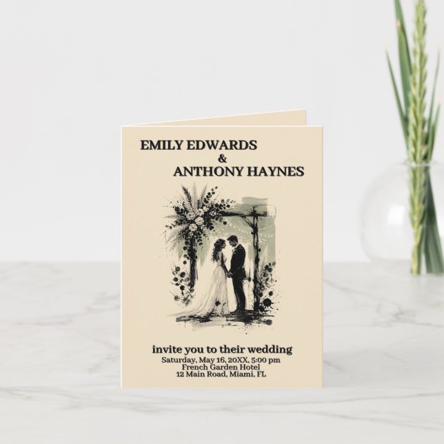 Boho Wedding Arch Invitation with Bride and Groom (Front)