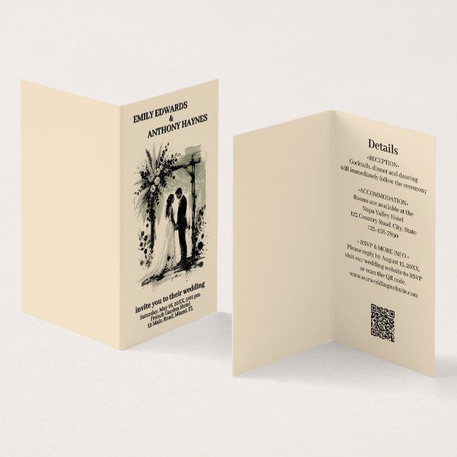 Boho Wedding Arch Invitation with Bride and Groom (Inside and Outside)