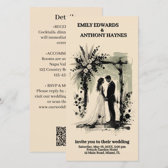 Boho Wedding Arch Invitation with Bride and Groom (Front/Back)