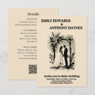 Boho Wedding Arch Invitation with Bride and Groom