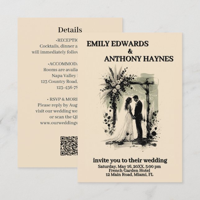 Boho Wedding Arch Invitation with Bride and Groom (Front/Back)