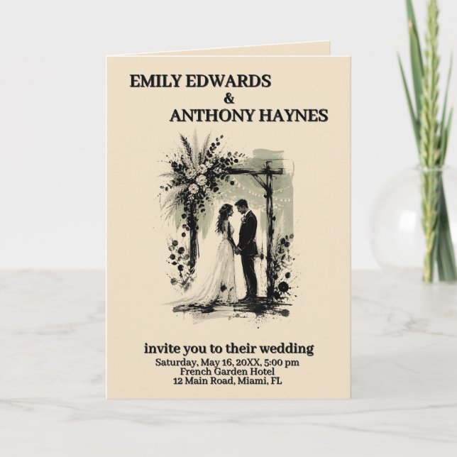 Boho Wedding Arch Invitation with Bride and Groom (Front)