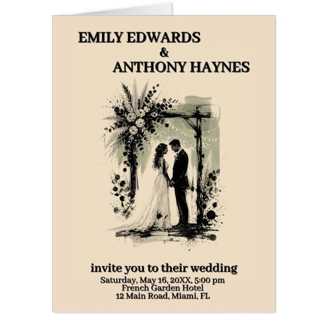 Boho Wedding Arch Invitation with Bride and Groom (Front)