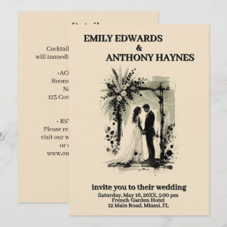 Boho Wedding Arch Invitation with Bride and Groom