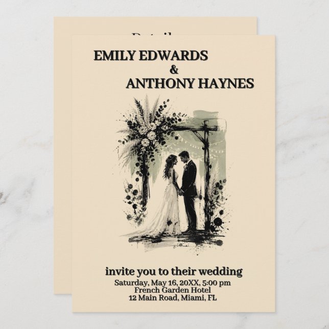 Boho Wedding Arch Invitation with Bride and Groom (Front/Back)