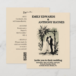 Boho Wedding Arch Invitation with Bride and Groom