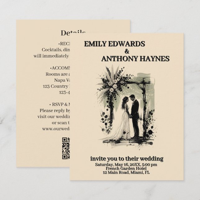 Boho Wedding Arch Invitation with Bride and Groom (Front/Back)