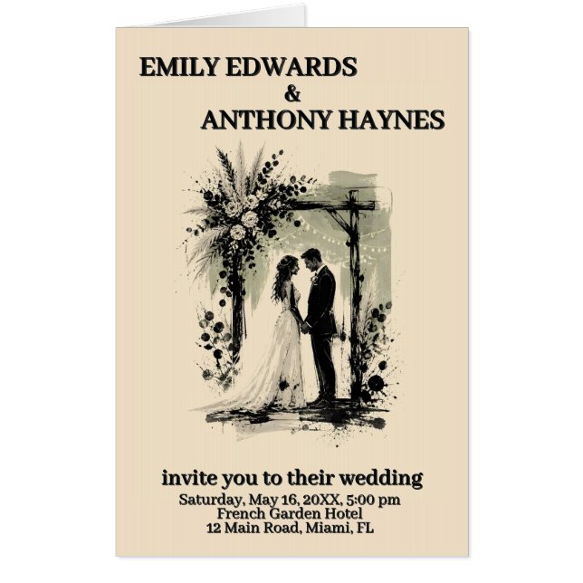 Boho Wedding Arch Invitation with Bride and Groom (Front)