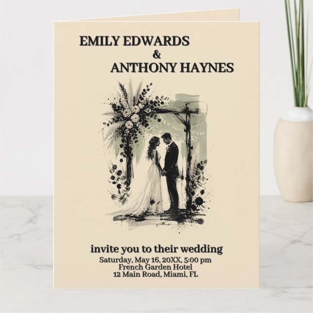 Boho Wedding Arch Invitation with Bride and Groom (Front)
