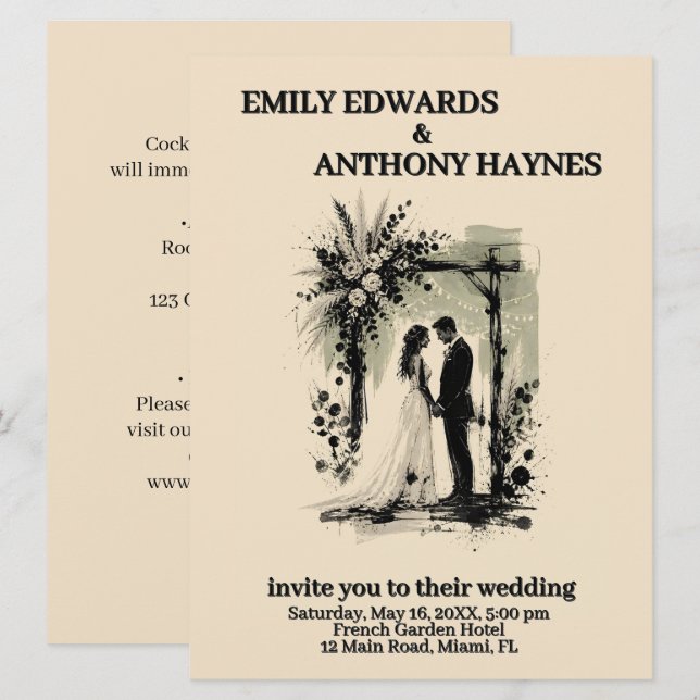Boho Wedding Arch Invitation with Bride and Groom (Front/Back)