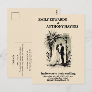 Boho Wedding Arch Invitation with Bride and Groom Postcard