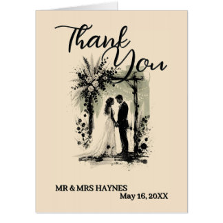 Boho Wedding ArchThank You Card with Bride & Groom