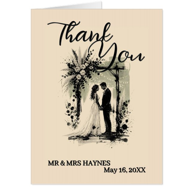 Boho Wedding ArchThank You Card with Bride & Groom (Front)