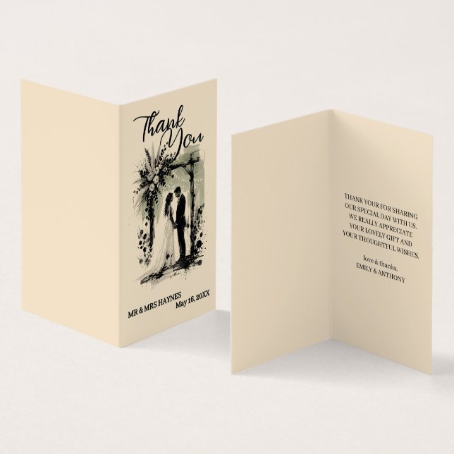 Boho Wedding ArchThank You Card with Bride & Groom (Inside and Outside)