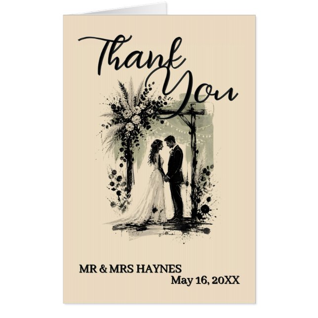 Boho Wedding ArchThank You Card with Bride & Groom (Front)