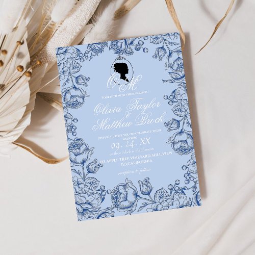 Boho Wedding Bridgerton  Navy Blue Script Romantic Invitation