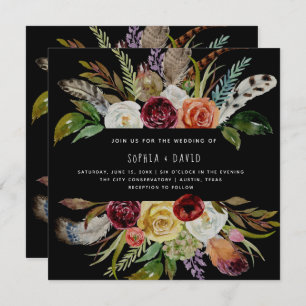 Boho Wedding Burgundy and Orange Flowers on Black Invitation