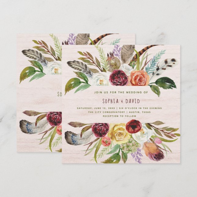 Boho Wedding | Burgundy and Orange Flowers on Wood Invitation (Front/Back)