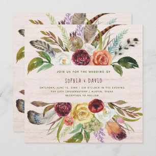 Boho Wedding Burgundy and Orange Flowers on Wood Invitation