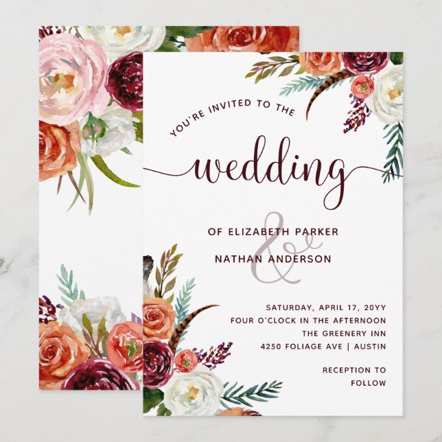 Boho Wedding | Burgundy Orange and White Flowers Invitation (Front/Back)