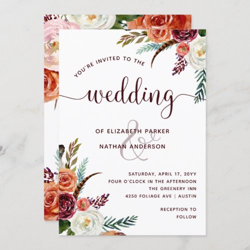 Boho Wedding  Burgundy Orange and White Flowers Invitation