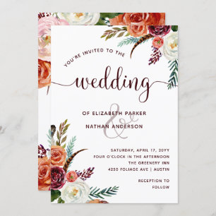 Boho Wedding Burgundy Orange and White Flowers Invitation