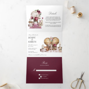 Boho Wedding Burgundy Pink Floral Vintage Elements Tri-Fold Invitation