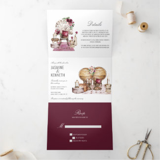 Boho Wedding Burgundy Pink Floral Vintage Elements Tri-Fold Invitation