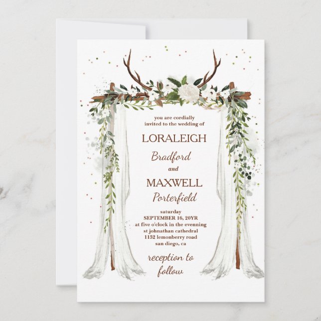 Boho Wedding Canopy Watercolor Greenery Floral Invitation (Front)