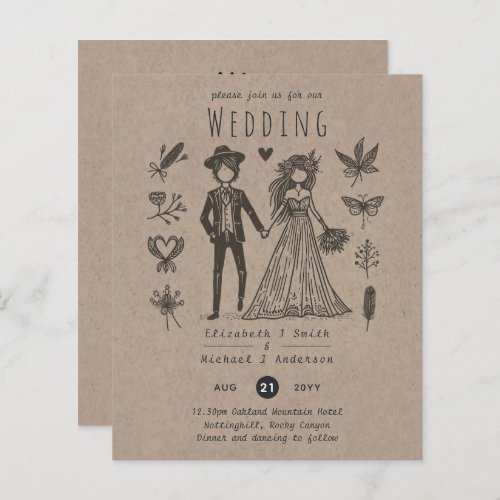 Boho Wedding Cartoon Bride Groom Handdrawn