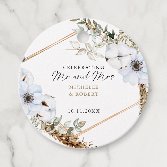 Boho Wedding Celebrating Mr & Mrs Custom Floral Favor Tags (Front)