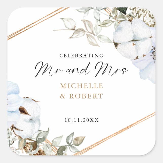 Boho Wedding Celebrating Mr & Mrs Custom Floral Square Sticker (Front)