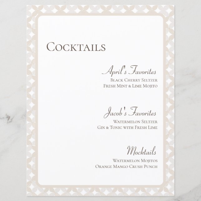 Boho Wedding Customizable 8.5X11 Cocktail Menu (Front)