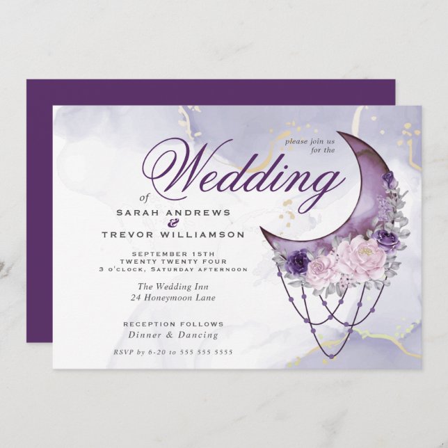 Boho Wedding Esoteric Amethyst  Crescent Moon Invitation (Front/Back)