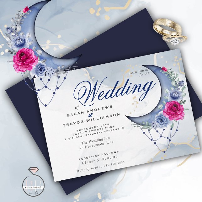 Boho Wedding Esoteric Navy Custom2 Crescent Moon Invitation (Creator Uploaded)