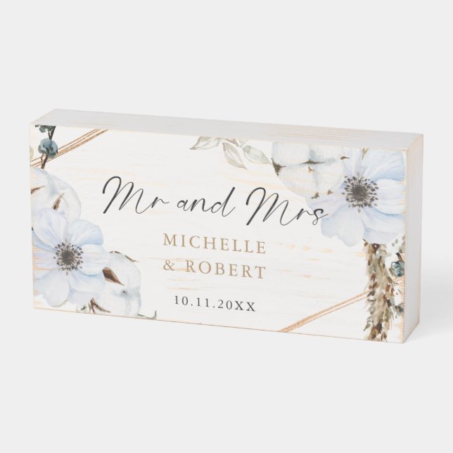 Boho Wedding Frame Floral Fall Mr & Mrs Custom Wooden Box Sign (Angled Horizontal)