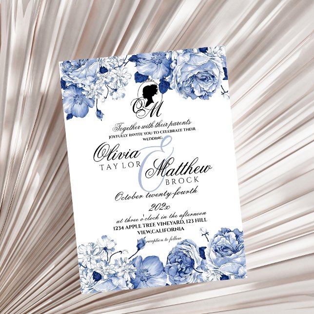  Boho Wedding Garden Flowers Navy Blue Elegant  Invitation (Creator Uploaded)