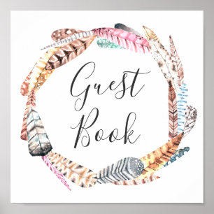 Boho wedding guest book. Watercolor feather wreath Poster