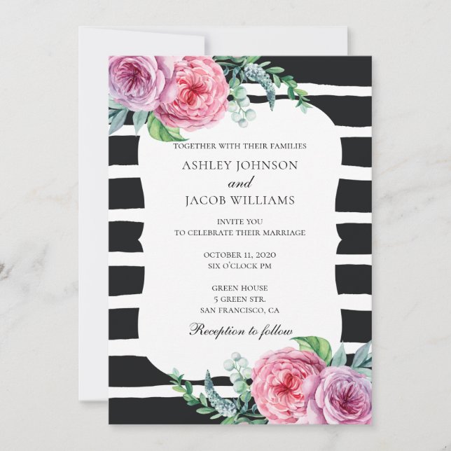 Boho wedding invitation. Black and white striped Invitation (Front)