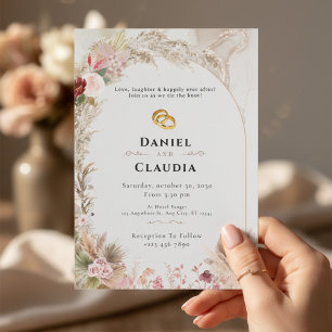 Boho Wedding Invitation   Floral Gold Rings Love