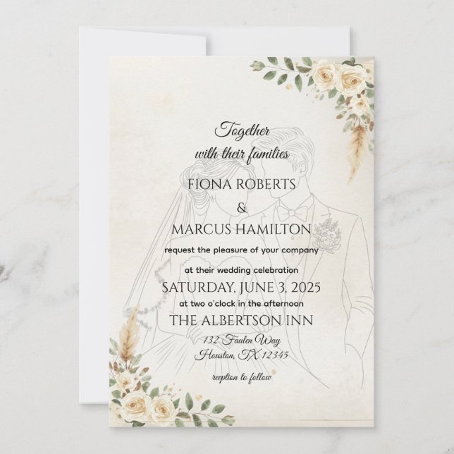 Boho Wedding Invitation Ivory Roses & Pampas Grass (Front)
