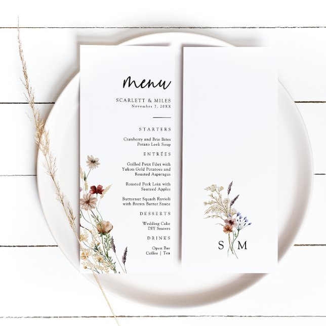 Boho Wedding Menu (White Wildflower Boho Wedding Menu with Monogram by Painted Paperie
)
