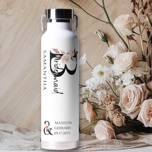 Boho Wedding Neutral Floral Letter Bridesmaid Water Bottle (Bridal party gift to personalize for your bridesmaid)