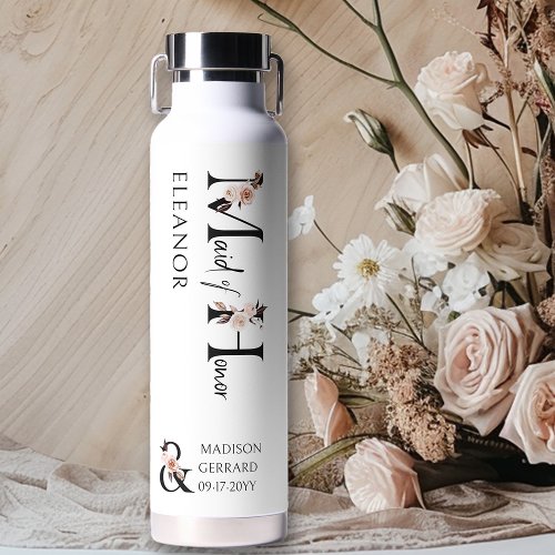 Boho Wedding Neutral Floral Letter Maid of Honor Water Bottle