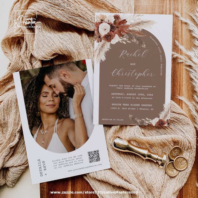 Boho Wedding Pampas Grass Arch Photo QR Code Invitation (Creator Uploaded)