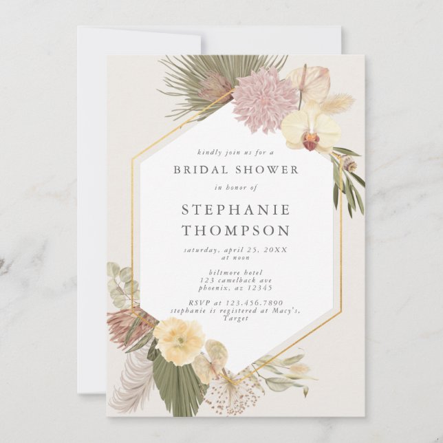 Boho Wedding Pampas Grass Palm Bridal Shower Invitation (Front)