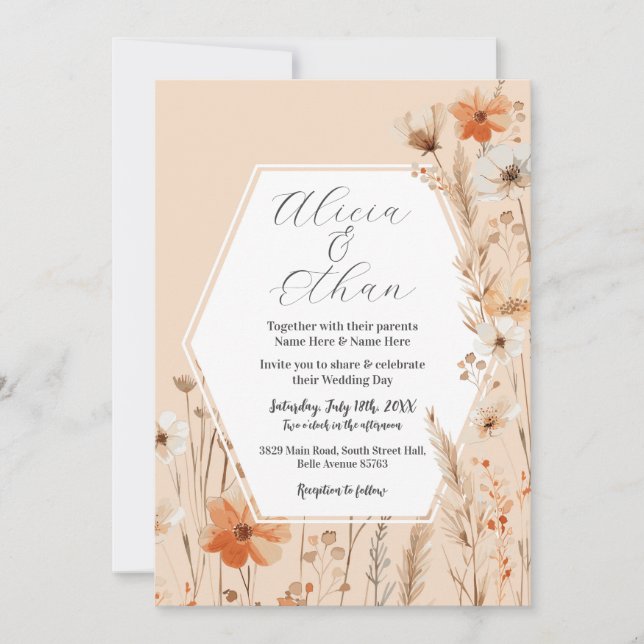 Boho Wedding Peach Florals Flowers Invitation (Front)