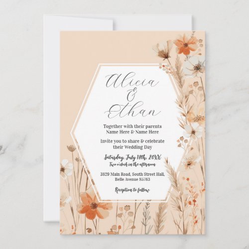 Boho Wedding Peach Florals Flowers Invitation
